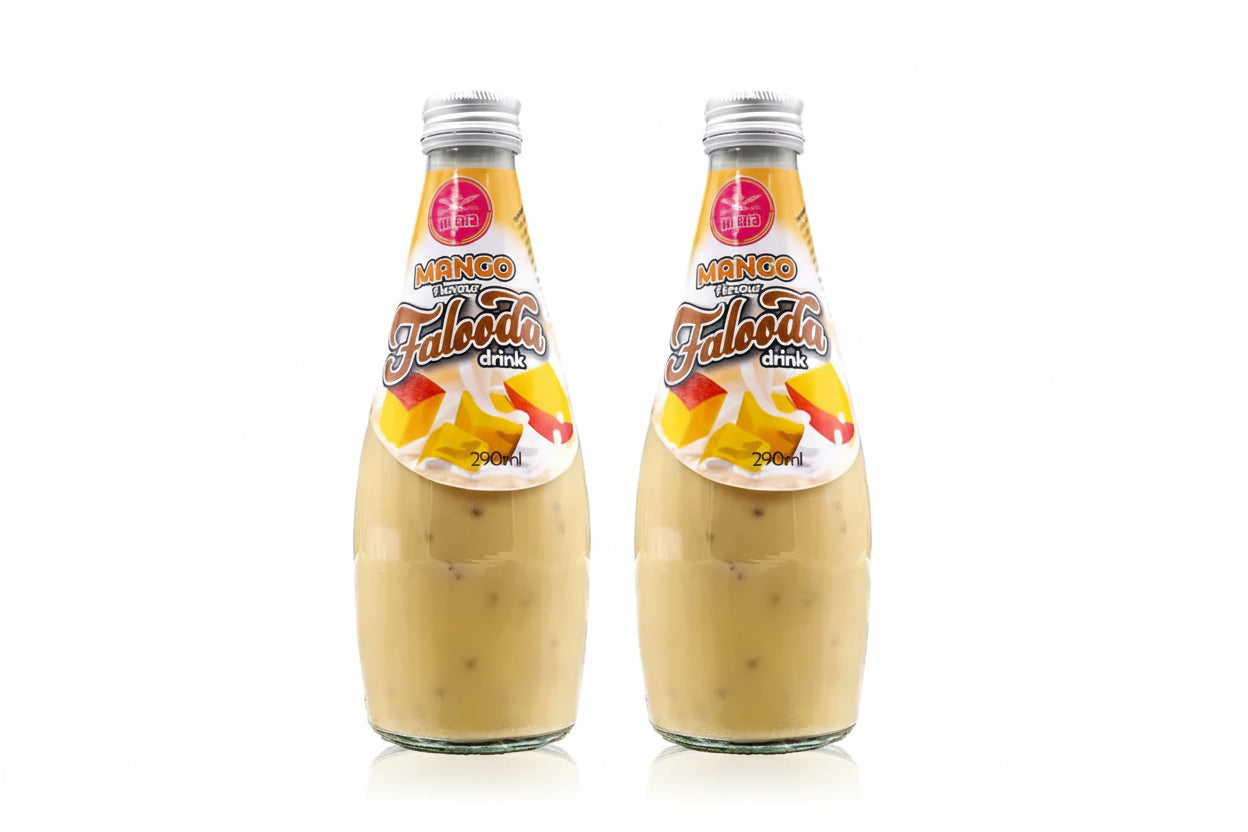 Two bottles of Mango Falooda drink on a white background